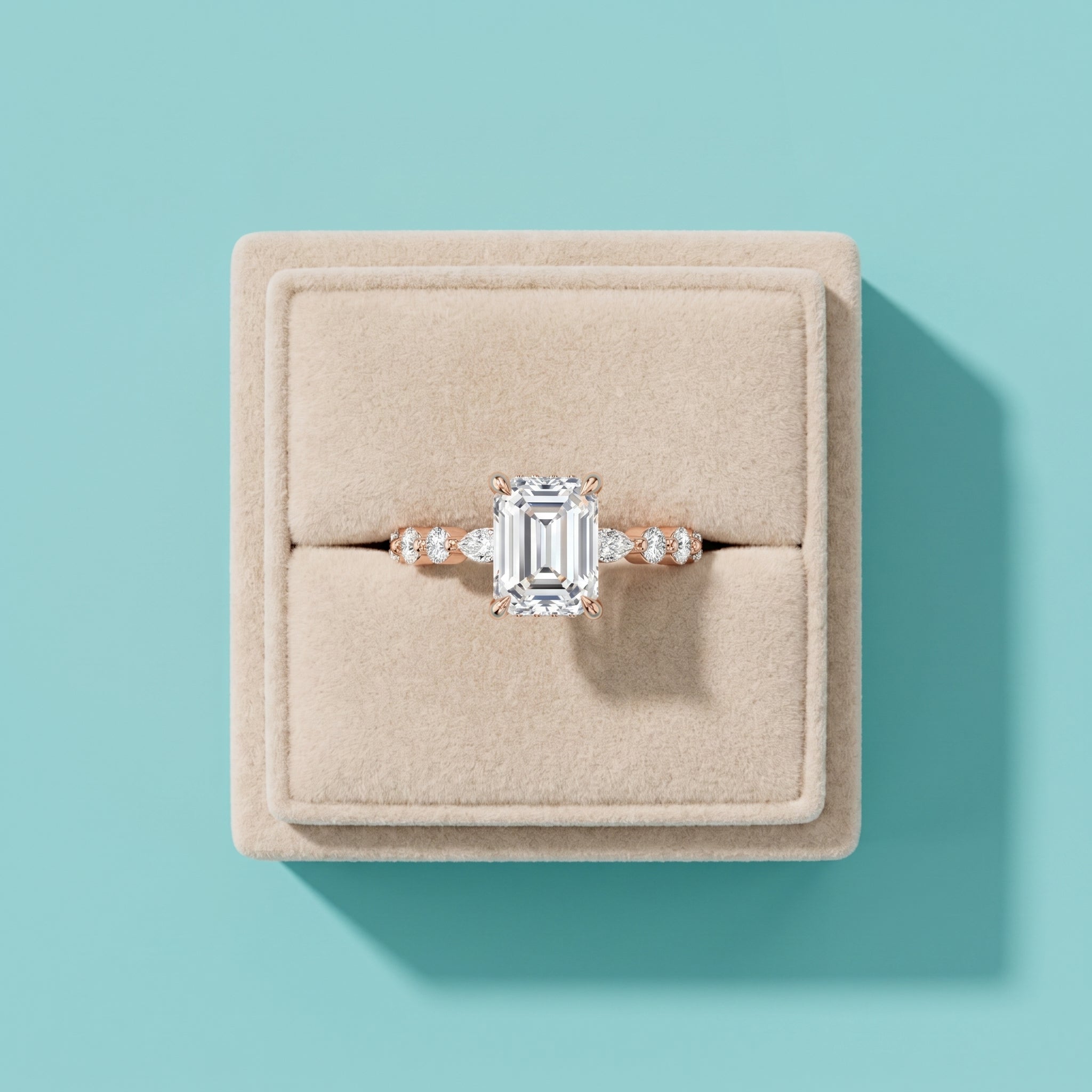 925 Silver Emerald Cut Moissanite Engagement Ring – Marquise & Round Accent Band | Pavia Jewels