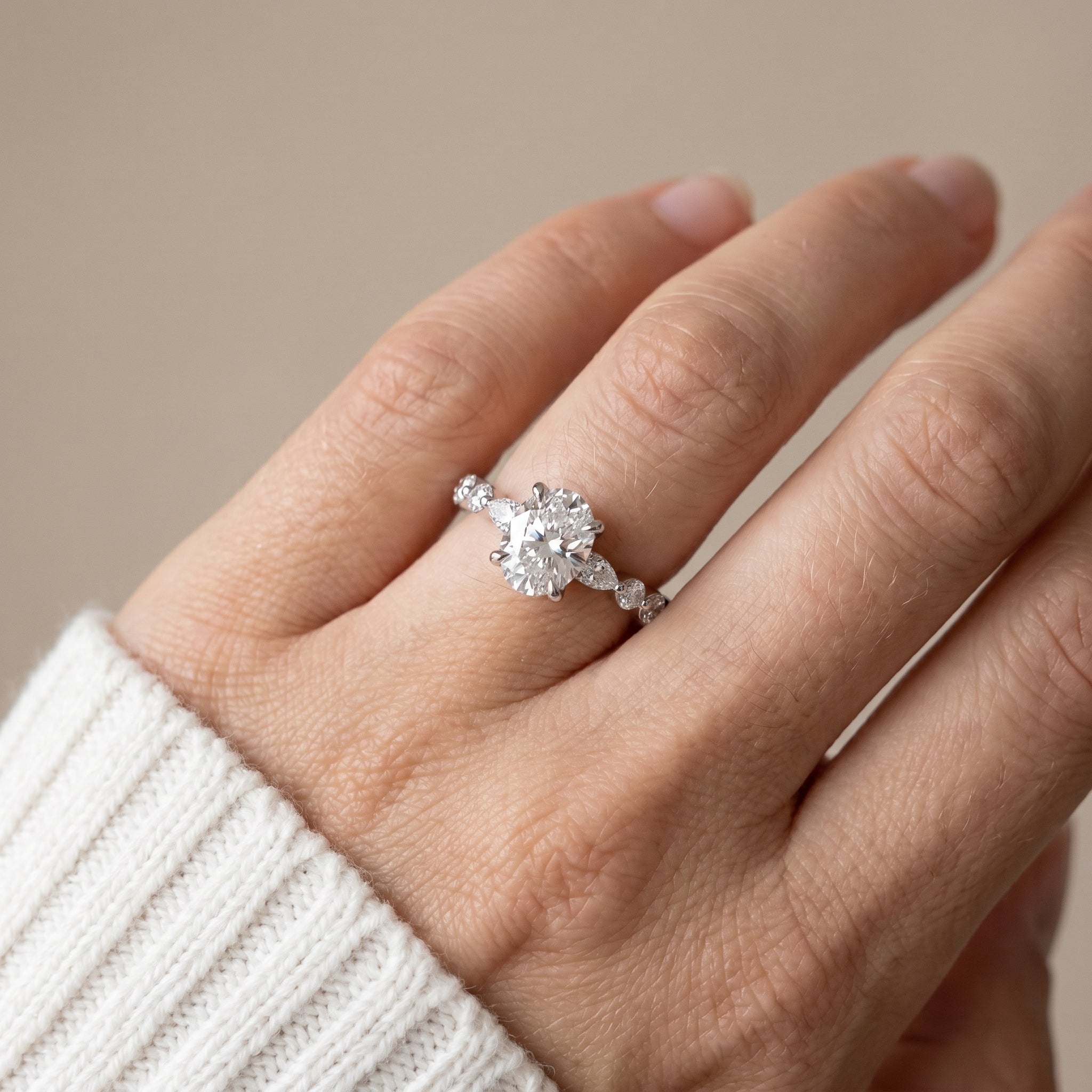 925 Silver Oval Cut Moissanite Engagement Ring – Marquise & Round Accent Band | Pavia Jewels