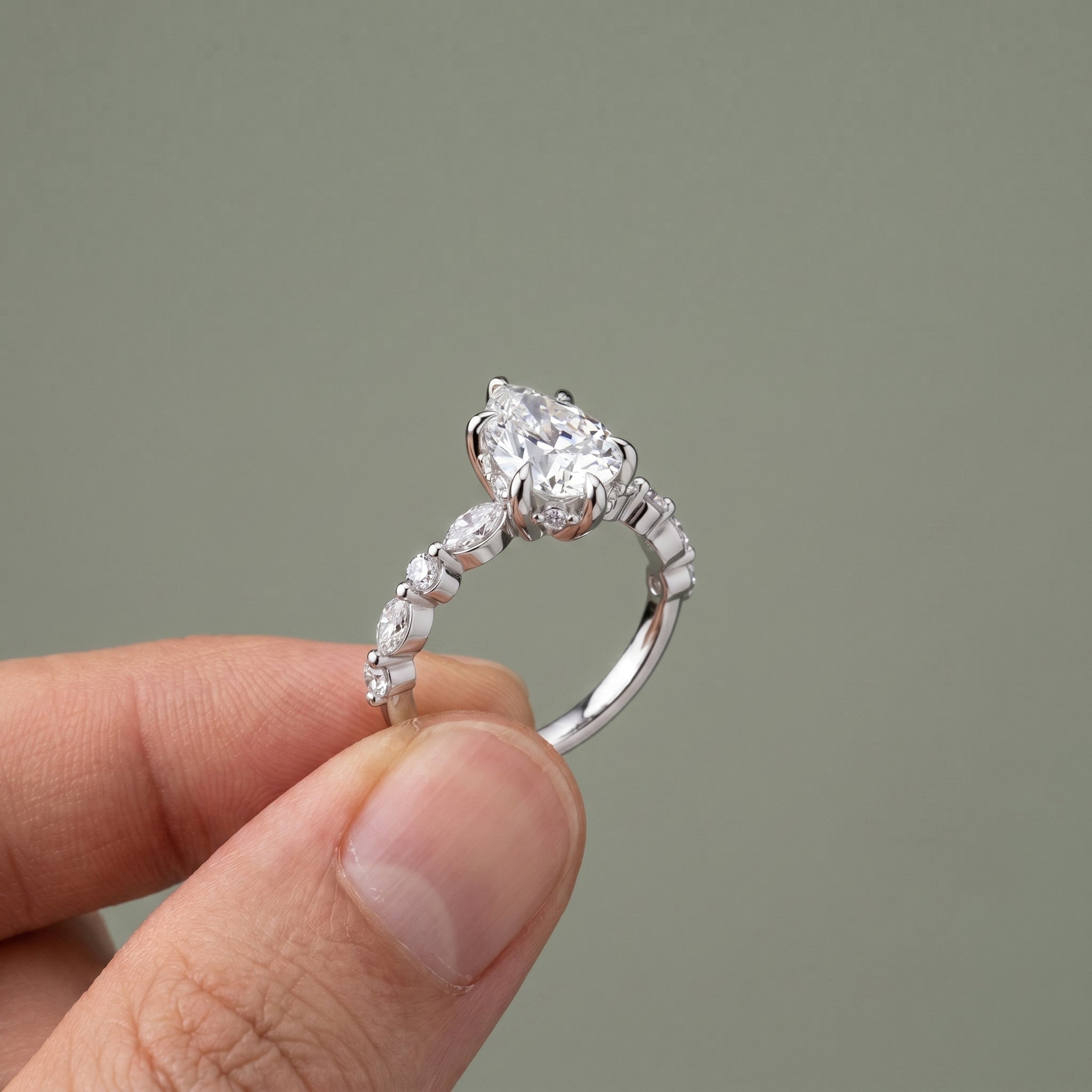 925 Silver Pear Cut Moissanite Engagement Ring – Marquise & Round Accent Band | Pavia Jewels
