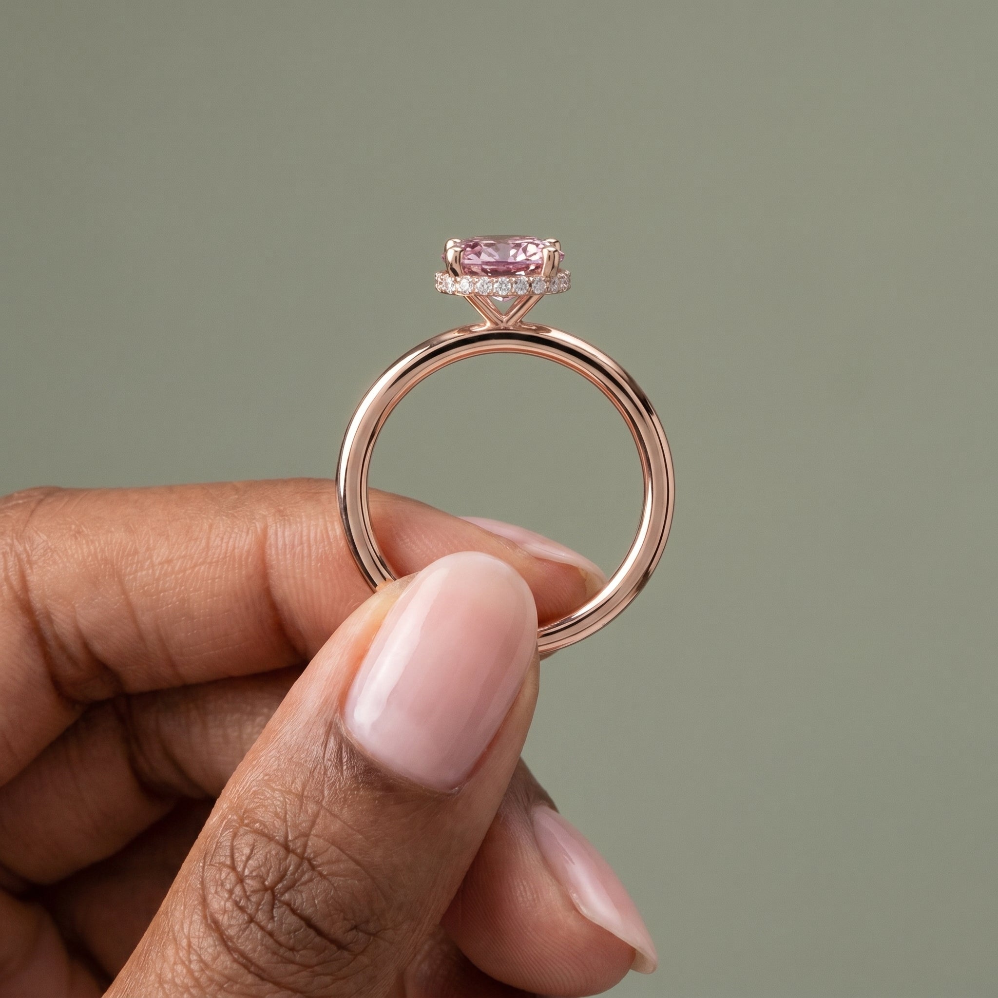 925 Silver Pink Oval Moissanite Halo Ring | 1 Ct Diamond Look Engagement Ring