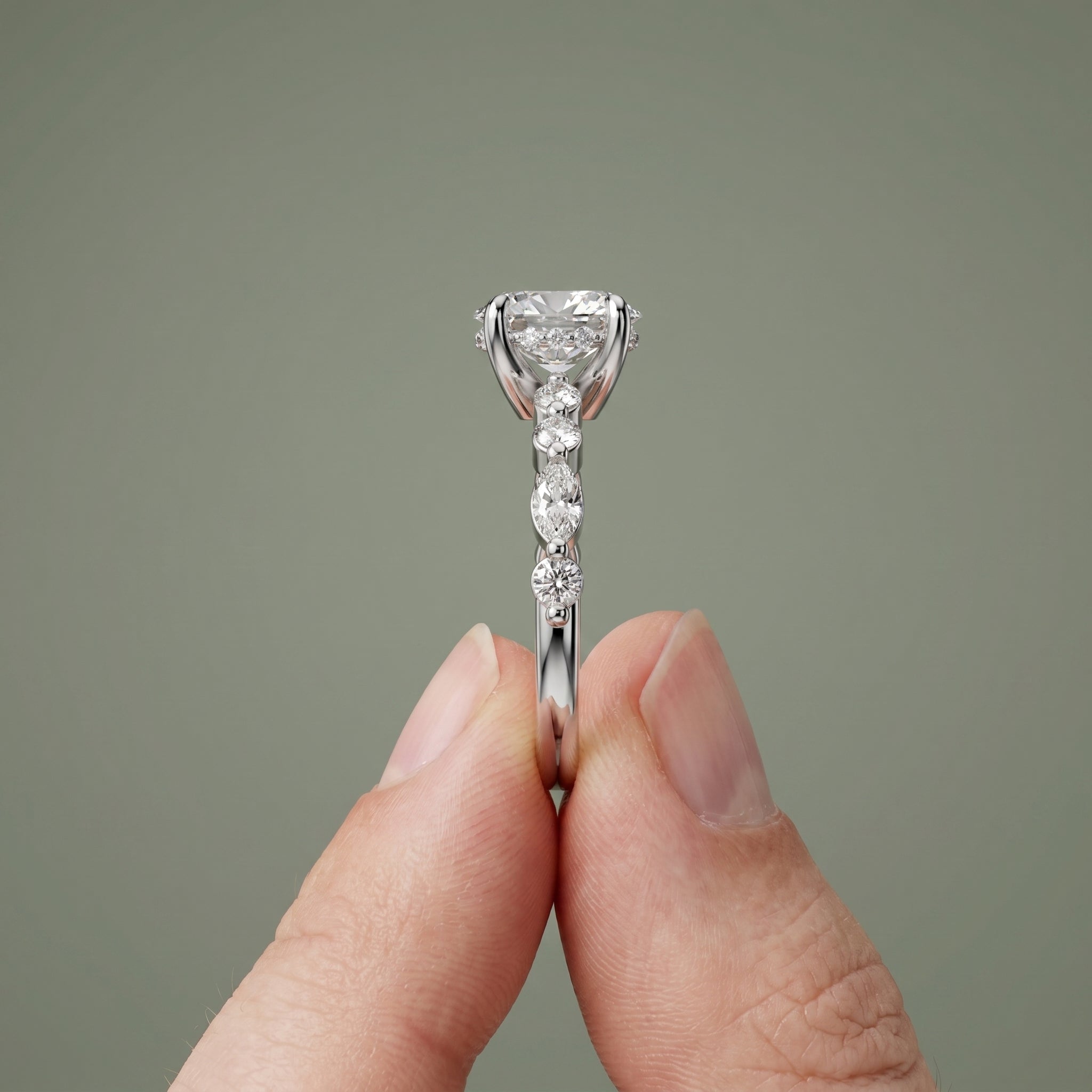 925 Silver Oval Cut Moissanite Engagement Ring – Marquise & Round Accent Band | Pavia Jewels