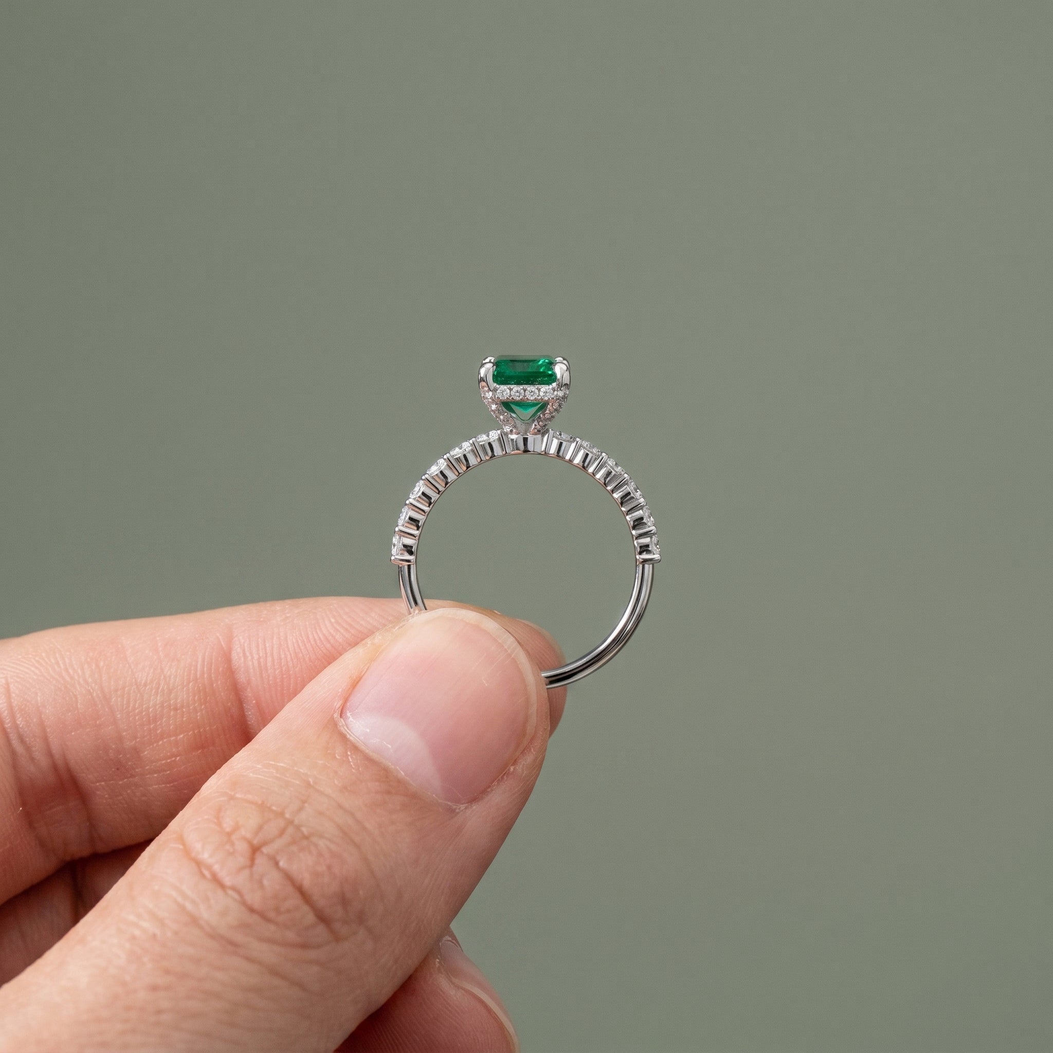 925 Silver Green Emerald Cut Moissanite Engagement Ring – Pavé Diamond Style Band | Pavia Jewels