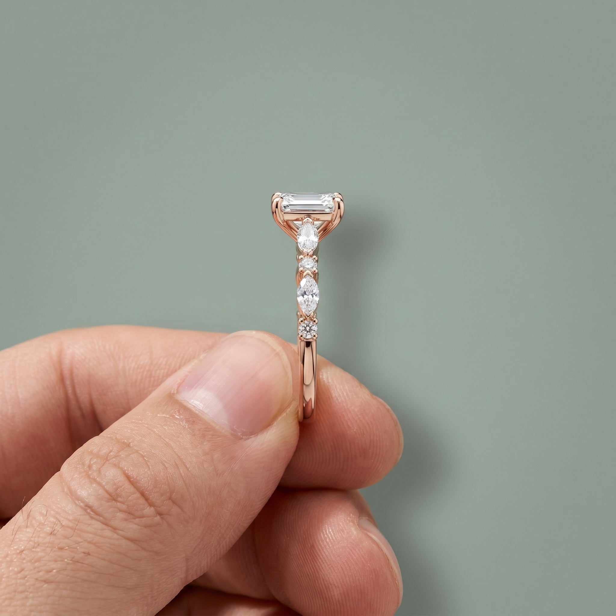 925 Silver Emerald Cut Moissanite Engagement Ring – Marquise & Round Accent Band | Pavia Jewels