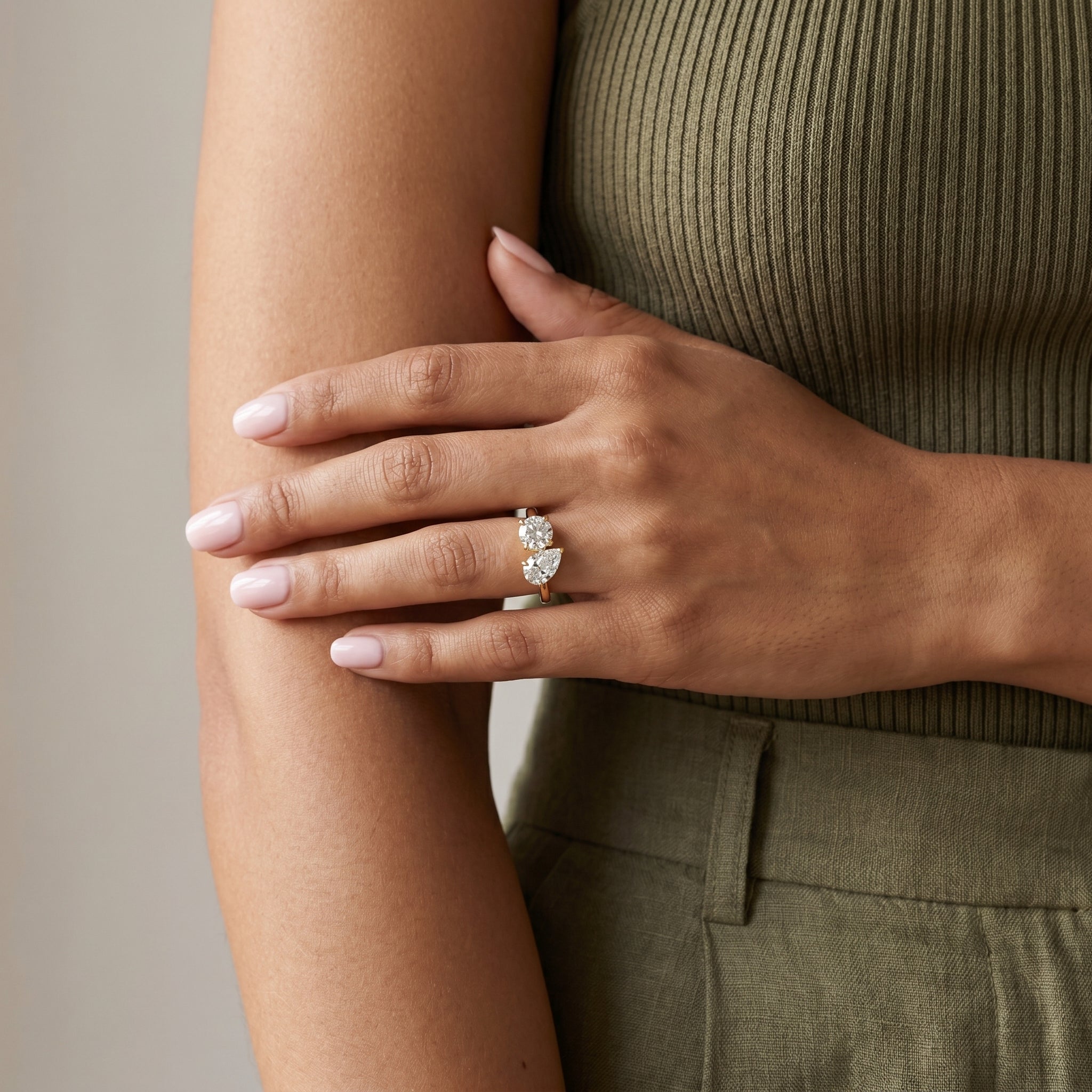 Toi et Moi Round & Pear Moissanite Engagement Ring in 925 Sterling Silver