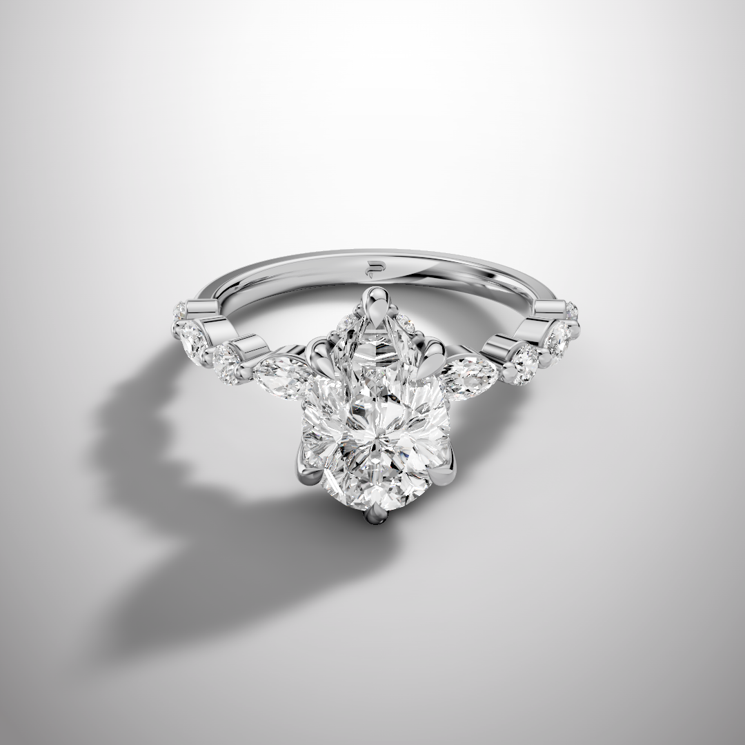 Pear cut moissanite solitaire ring with hidden halo and side stones in 925 sterling silver front view