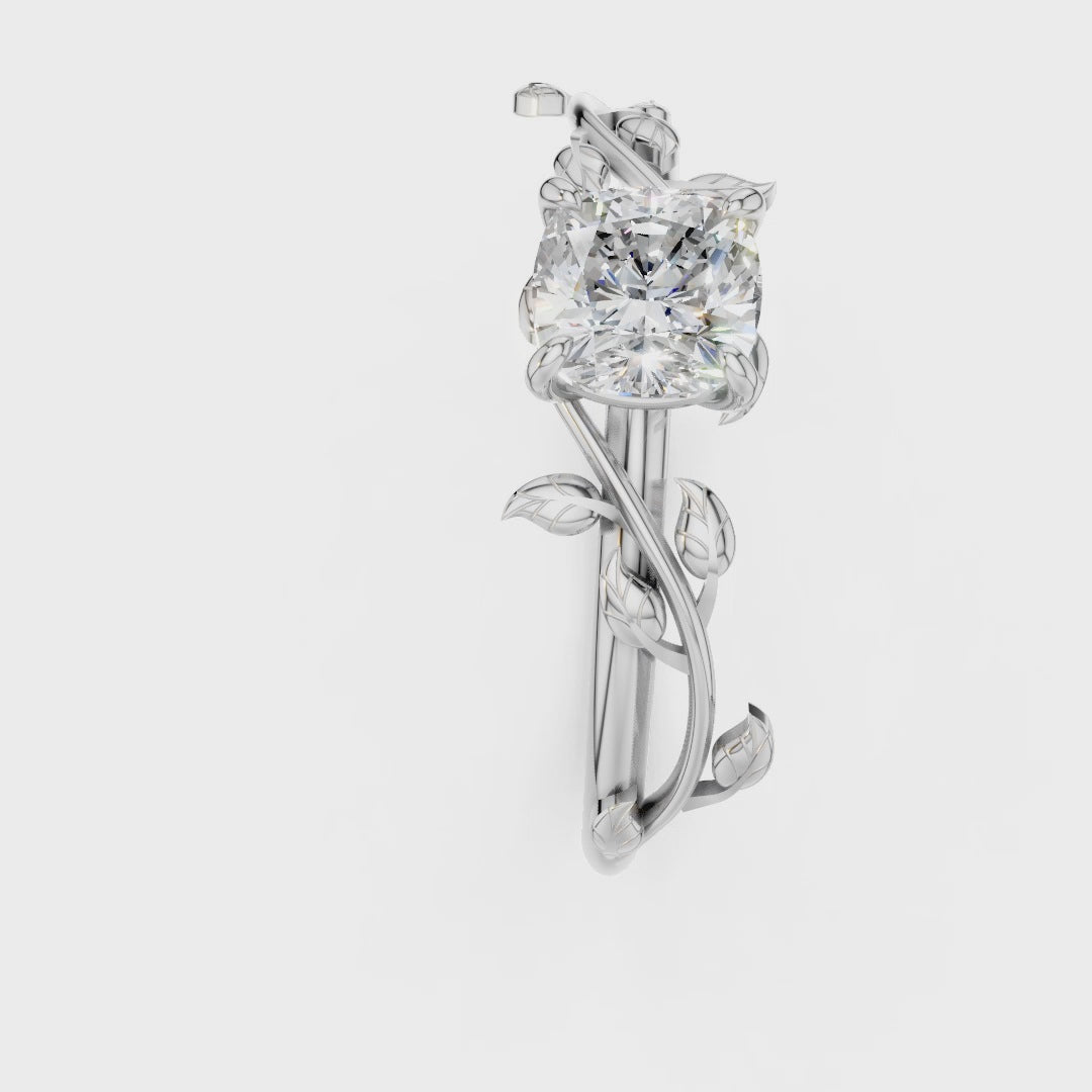 Nature Inspired Moissanite Engagement Ring - Cushion Cut Solitaire with Vine & Leaf Sterling Silver Band
