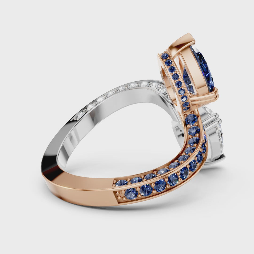 Toi et Moi Pear-Cut Ring | Two-Tone Bypass Moissanite and Blue Sapphire Ring