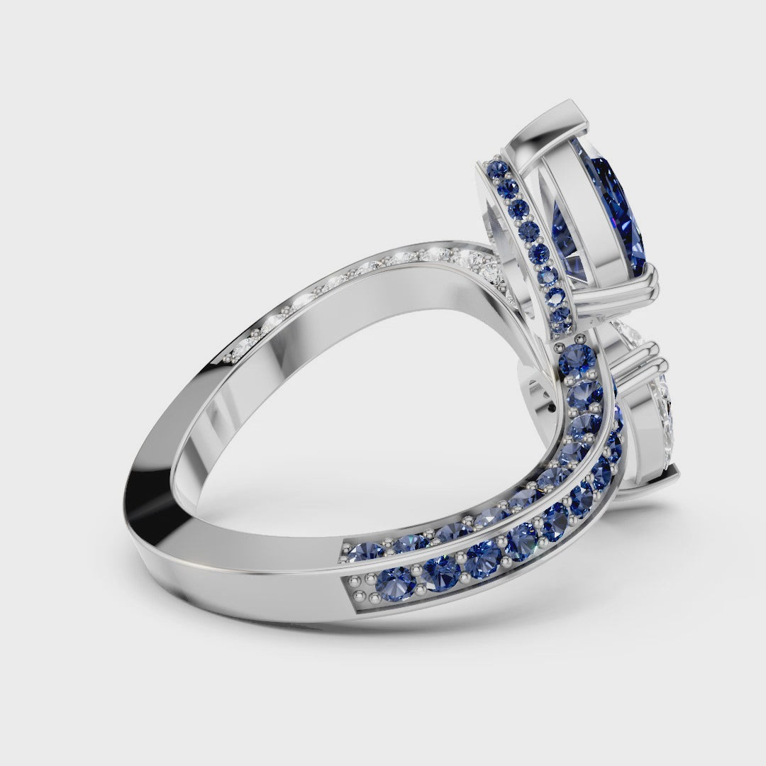 Toi et Moi Pear-Cut Ring | Two-Tone Bypass Moissanite and Blue Sapphire Ring