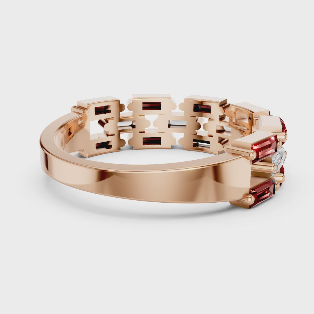 Art Deco Baguette Moissanite & Red Gemstone Band - Interlocking Geometric Sterling Silver Ring