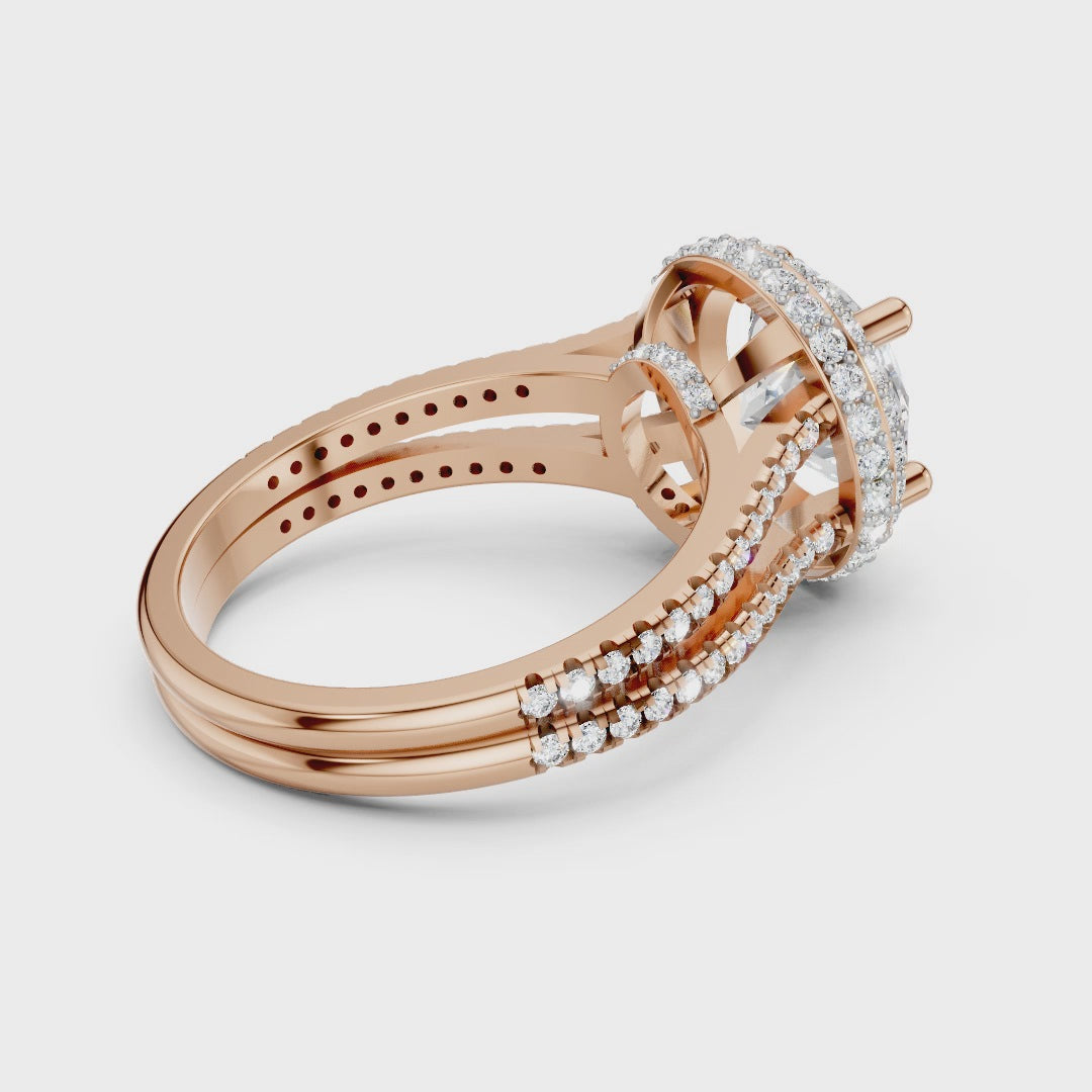 Round Moissanite Double Halo Split Shank Engagement Ring