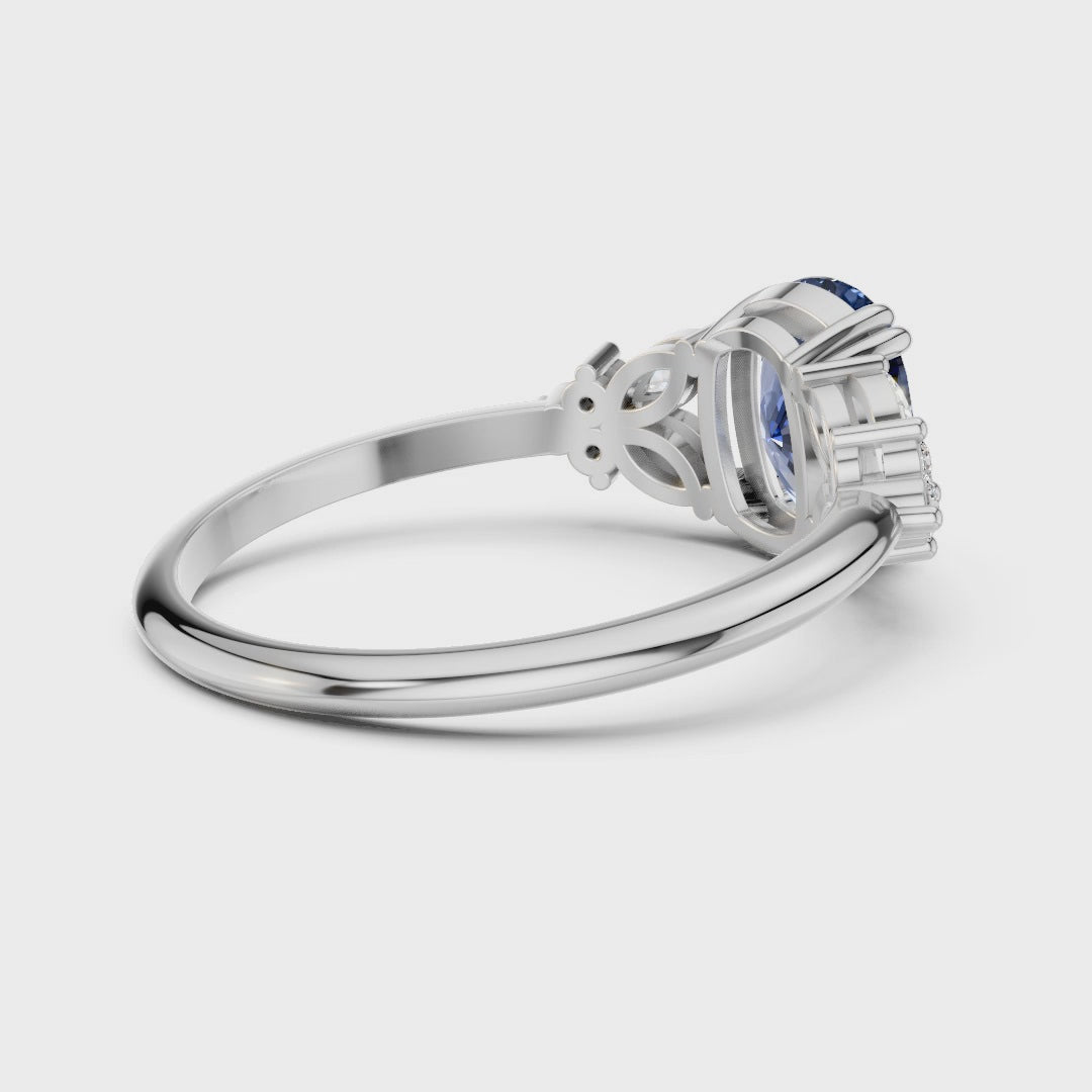 Vintage Blue Sapphire Cushion Cut Cluster Ring - Floral Moissanite Accent Rose Gold 925 Silver