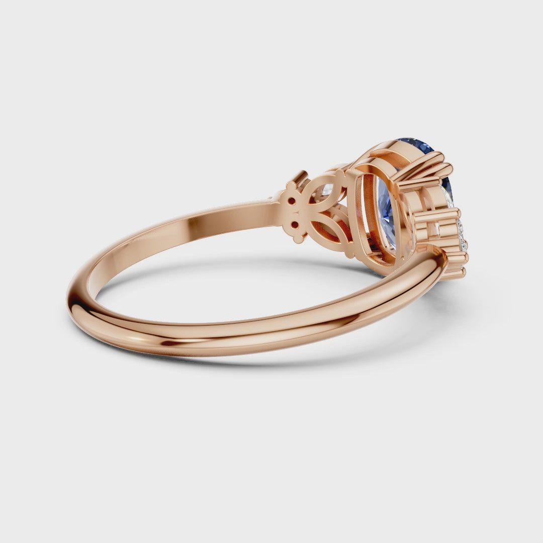 Vintage Blue Sapphire Cushion Cut Cluster Ring - Floral Moissanite Accent Rose Gold 925 Silver