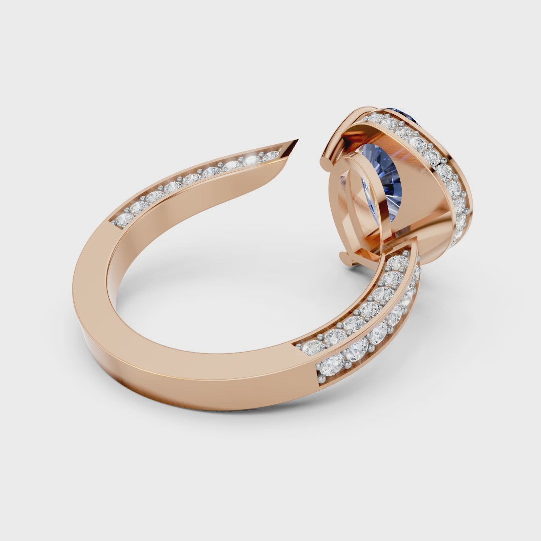 Blue Pear-Cut Moissanite Open Cuff Ring | Modern Bypass Sapphire Cocktail Ring
