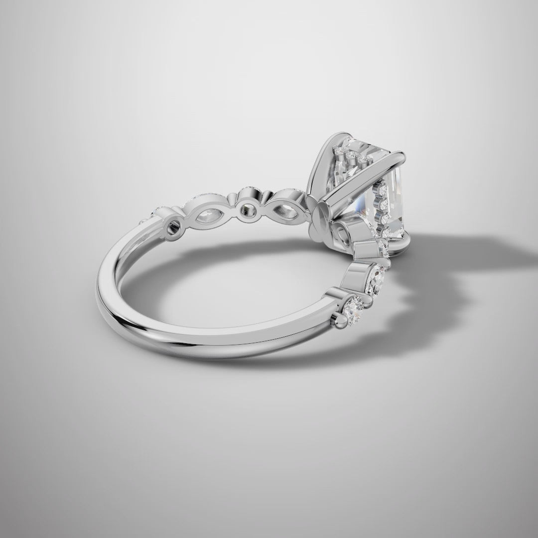 925 Silver Emerald Cut Moissanite Engagement Ring – Marquise & Round Accent Band | Pavia Jewels