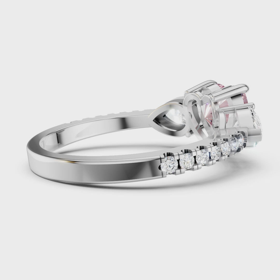 Pink Heart Moissanite Three-Stone Ring - Pear Cut Accents in Sterling Silver