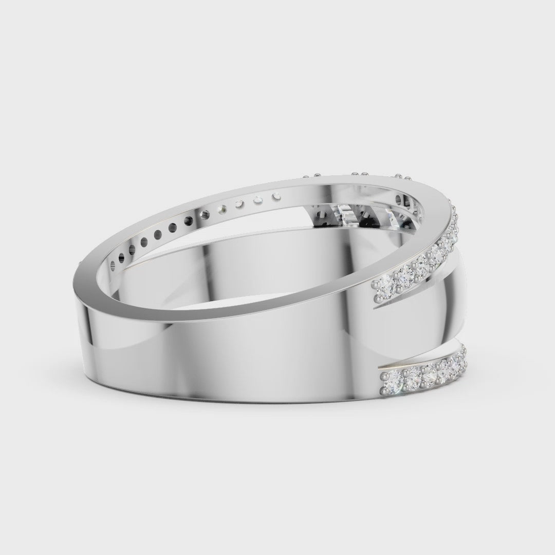 Wide Art Deco Moissanite Statement Ring - Baguette & Round Pave Band in Sterling Silver