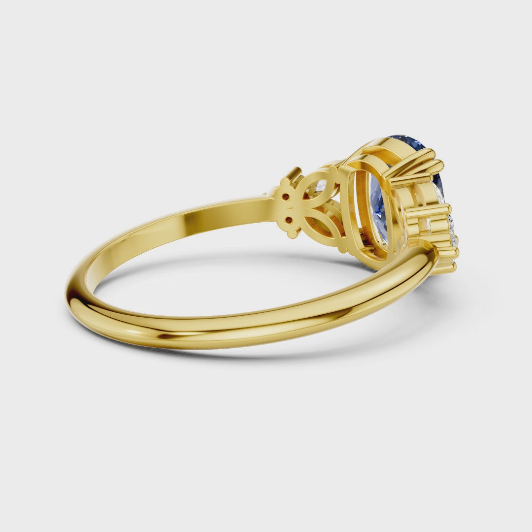 Vintage Blue Sapphire Cushion Cut Cluster Ring - Floral Moissanite Accent Rose Gold 925 Silver