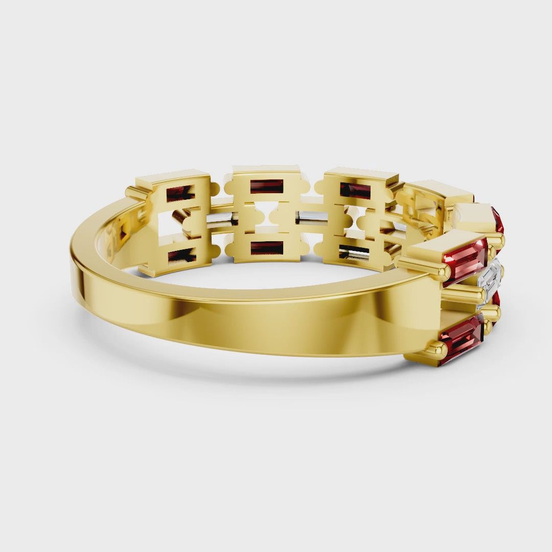 Art Deco Baguette Moissanite & Red Gemstone Band - Interlocking Geometric Sterling Silver Ring