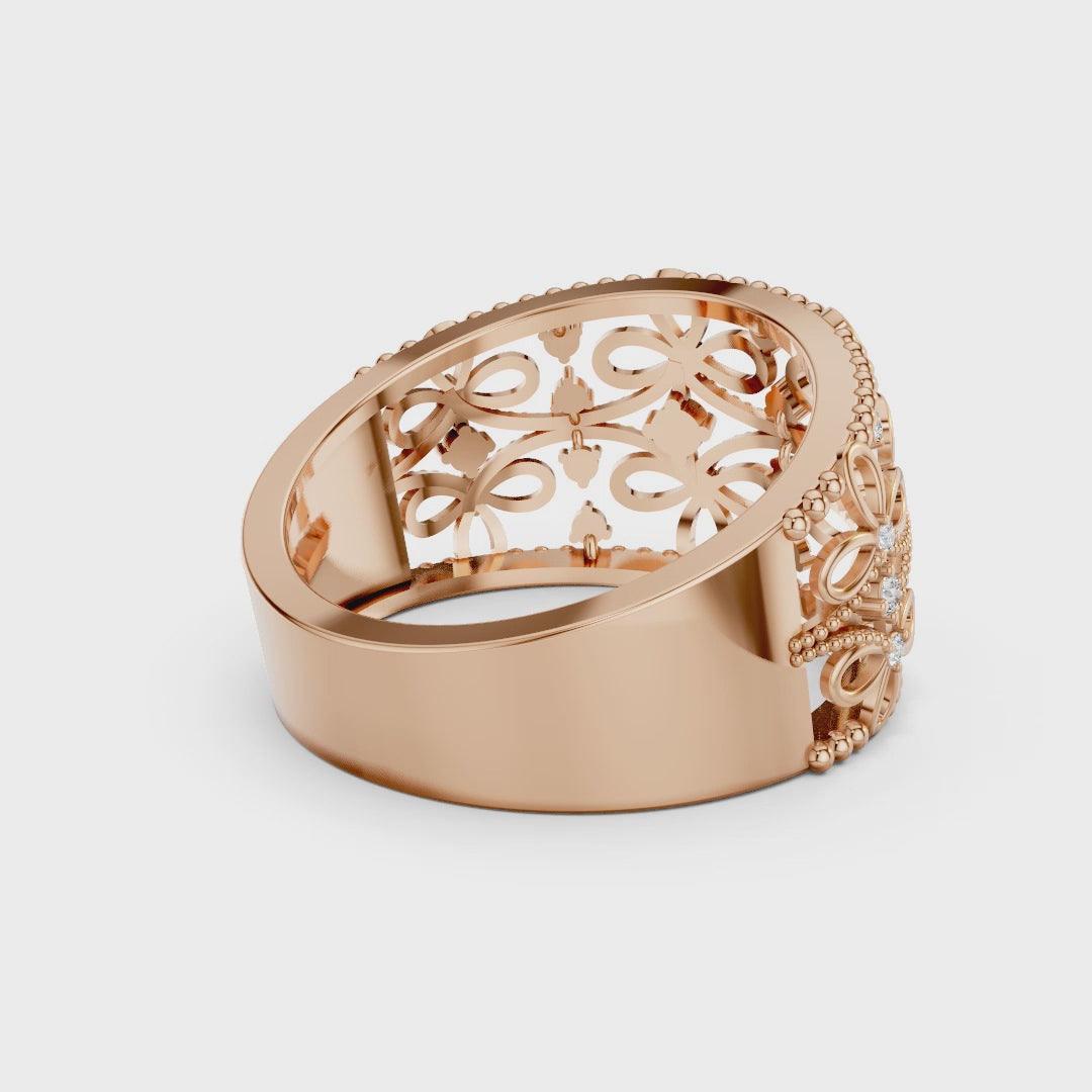 925 Sterling Silver Moissanite Floral Filigree Ring – Elegant Wide Band for Women