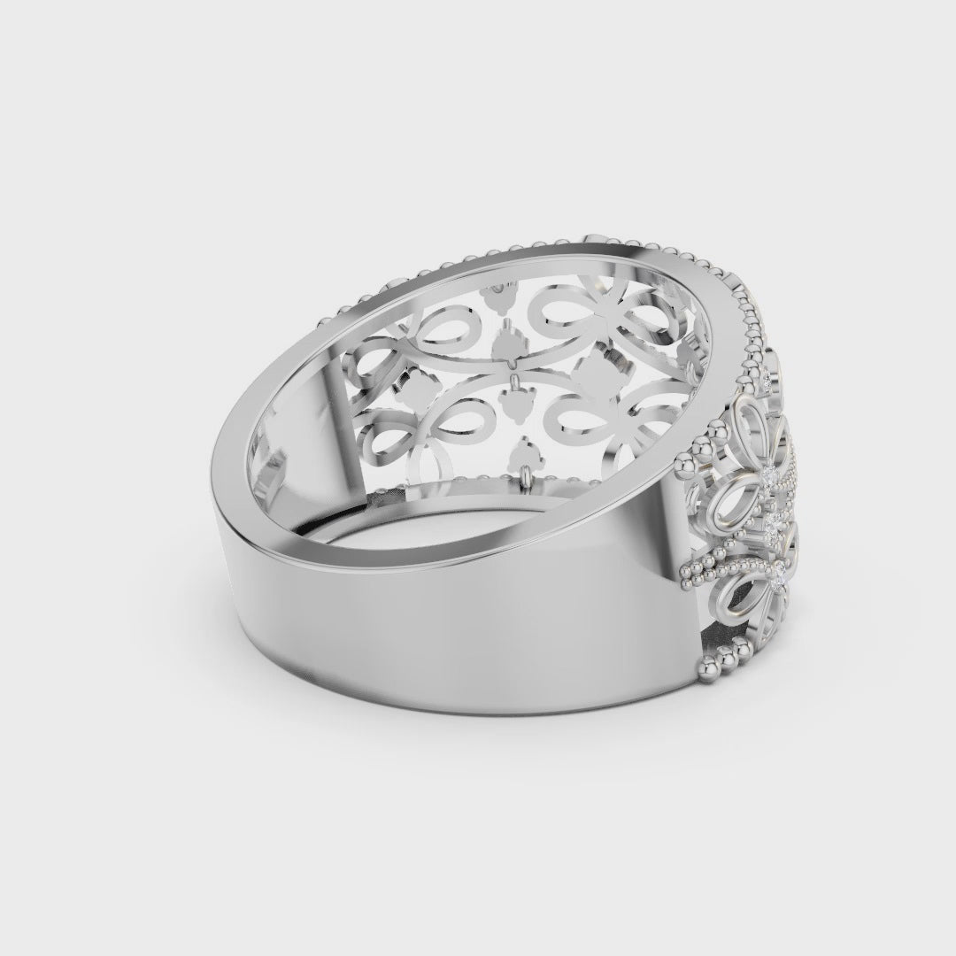 925 Sterling Silver Moissanite Floral Filigree Ring – Elegant Wide Band for Women