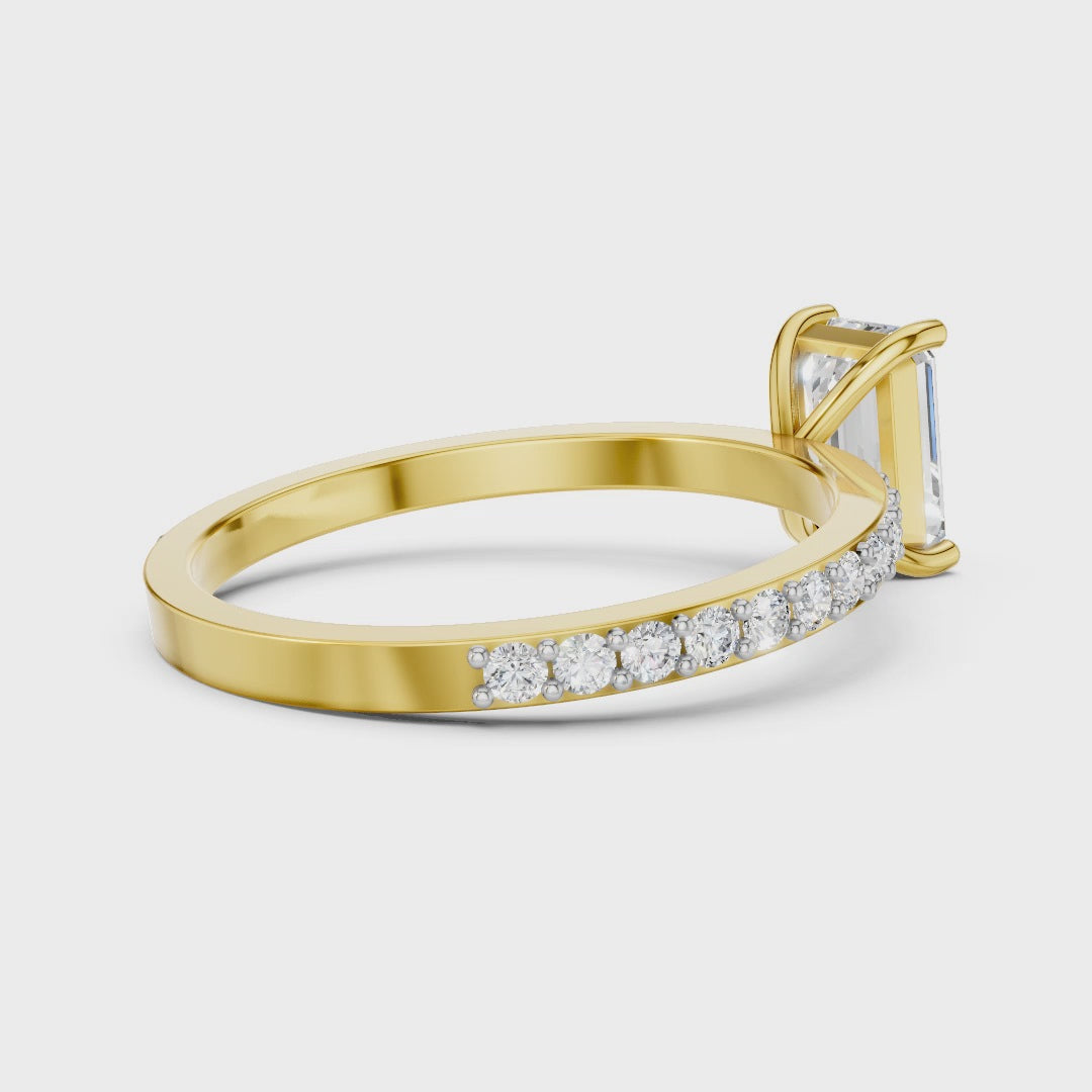 Emerald Cut Moissanite Solitaire Engagement Ring - Pave Band & Sterling Silver