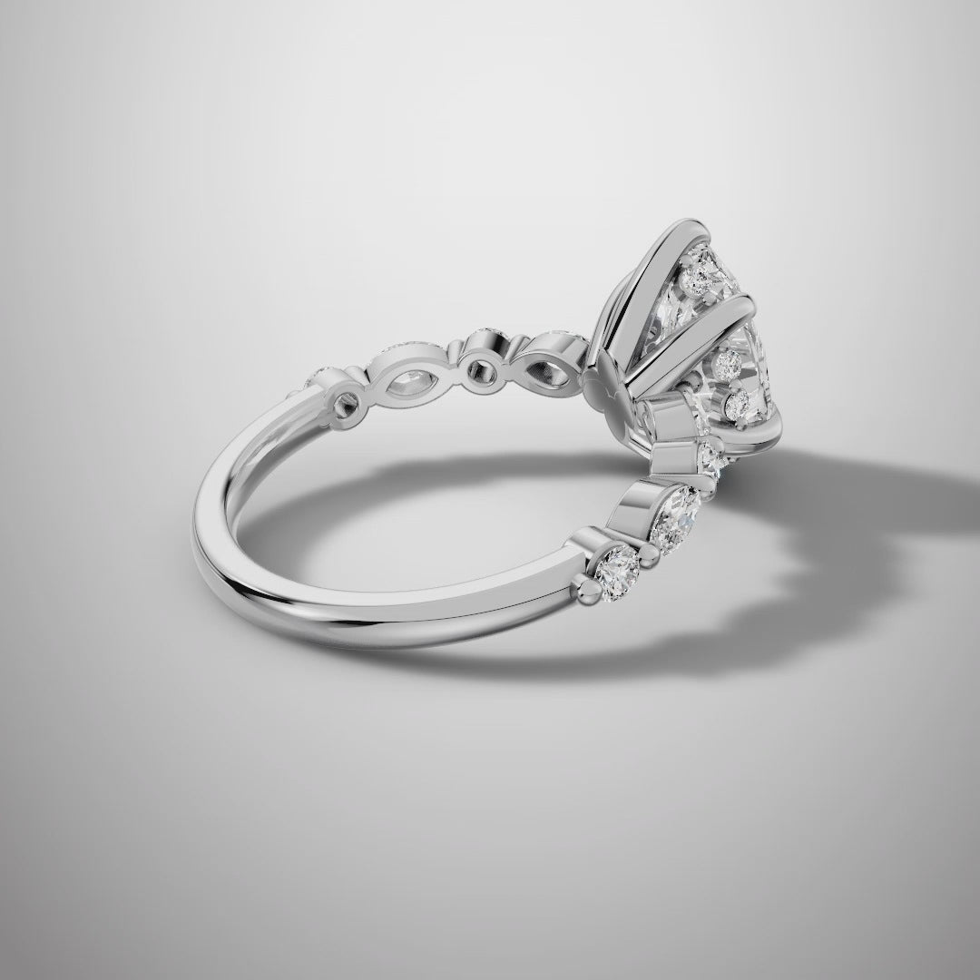 925 Silver Pear Cut Moissanite Engagement Ring – Marquise & Round Accent Band | Pavia Jewels