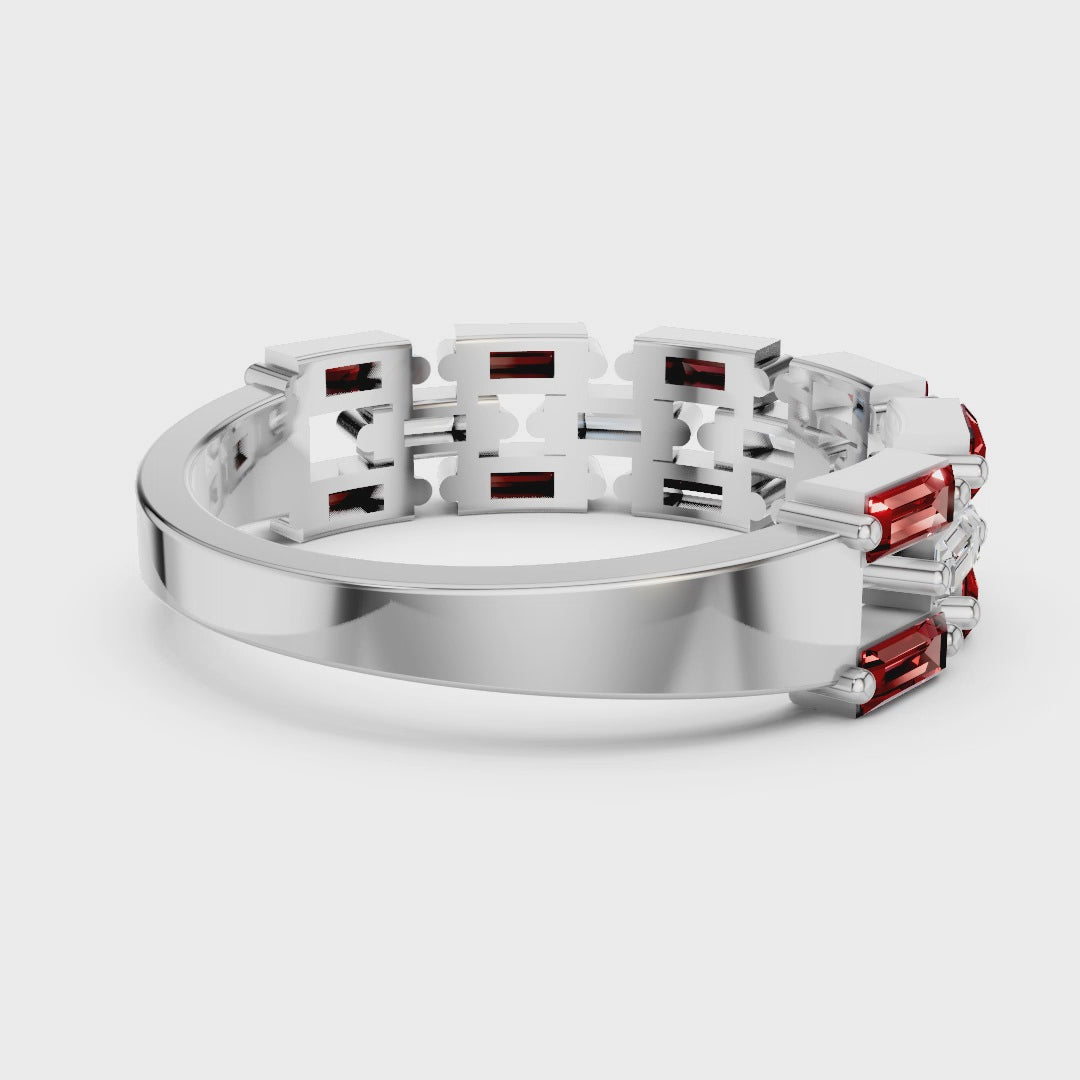 Art Deco Baguette Moissanite & Red Gemstone Band - Interlocking Geometric Sterling Silver Ring