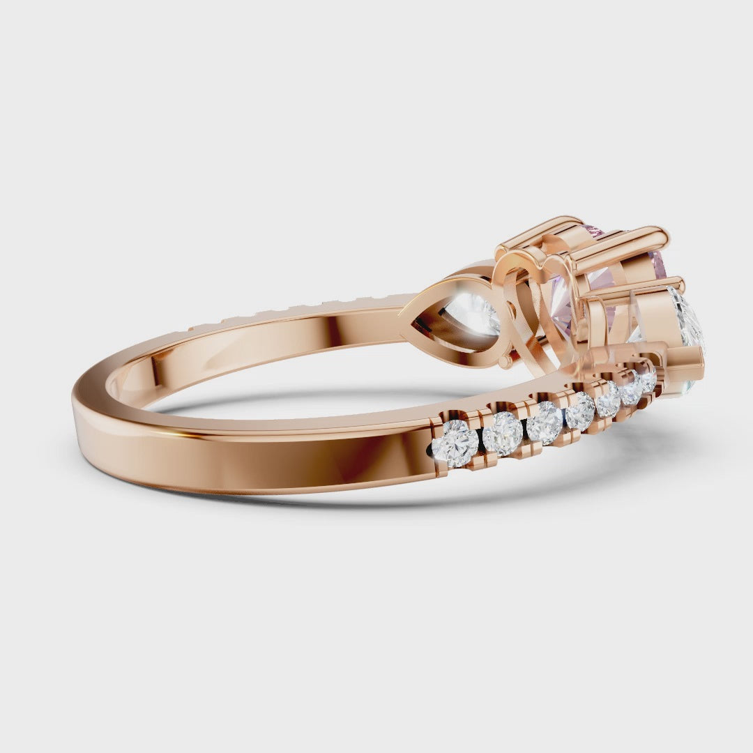Pink Heart Moissanite Three-Stone Ring - Pear Cut Accents in Sterling Silver