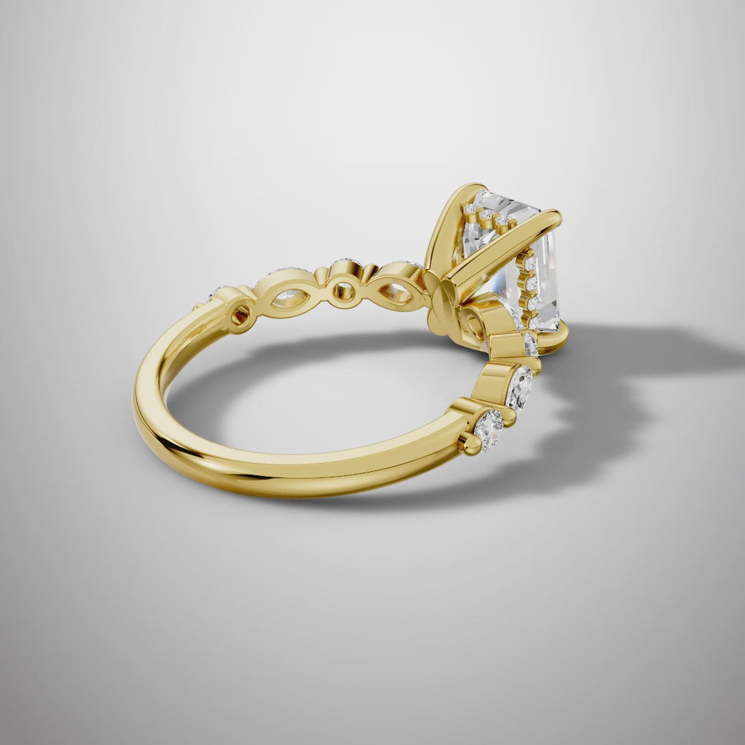 925 Silver Emerald Cut Moissanite Engagement Ring – Marquise & Round Accent Band | Pavia Jewels