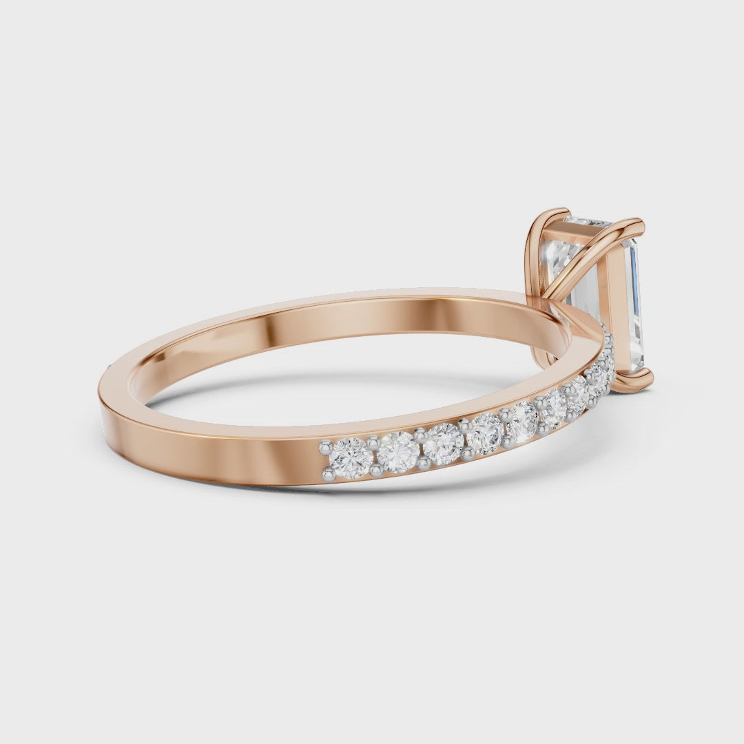 Emerald Cut Moissanite Solitaire Engagement Ring - Pave Band & Sterling Silver