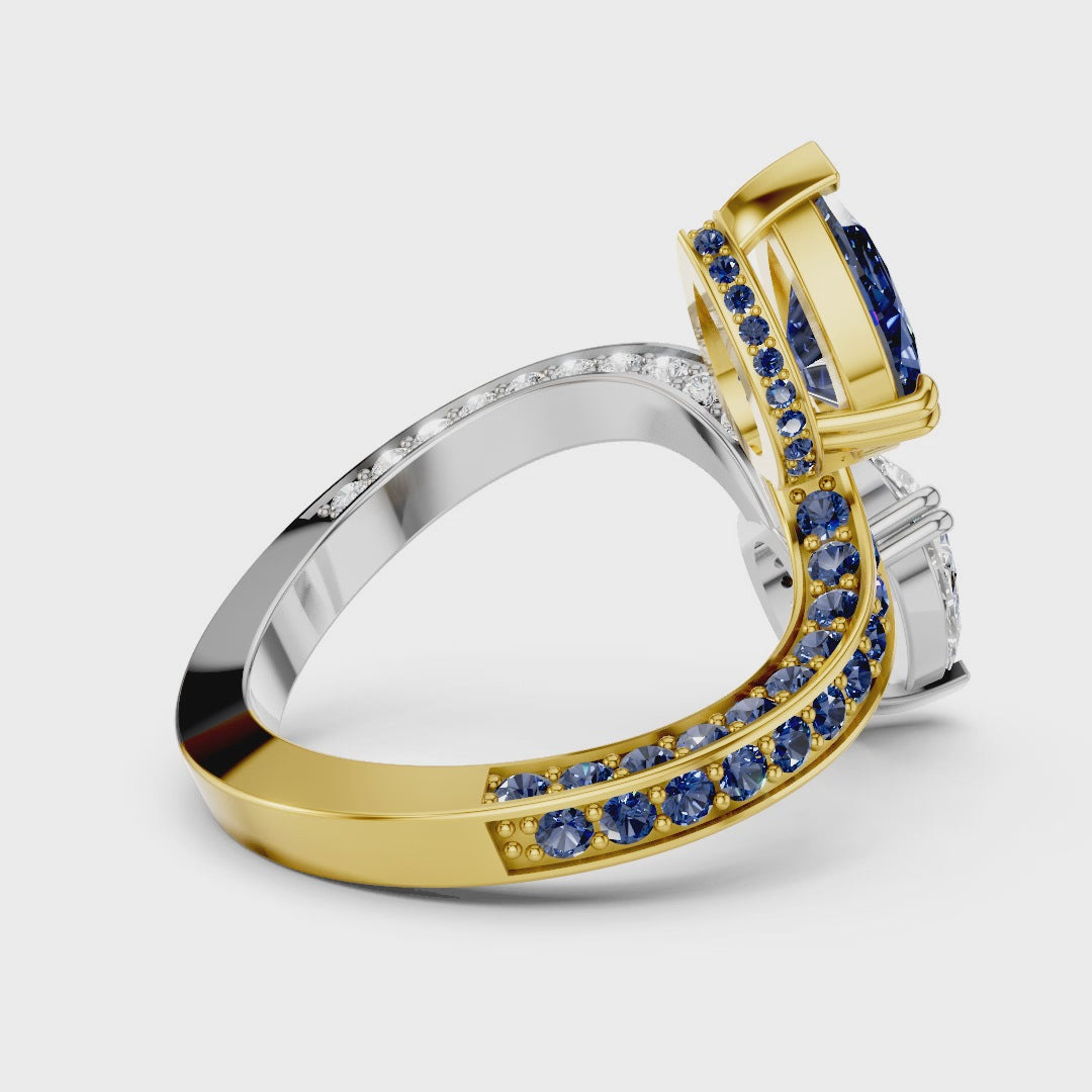 Toi et Moi Pear-Cut Ring | Two-Tone Bypass Moissanite and Blue Sapphire Ring