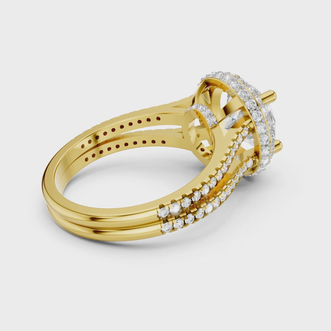 Round Moissanite Double Halo Split Shank Engagement Ring