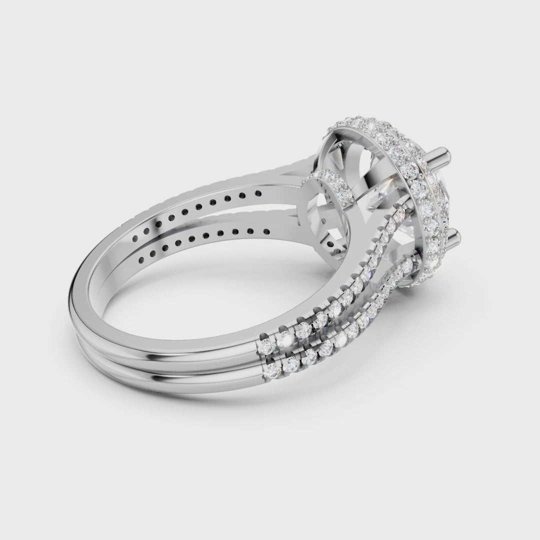 Round Moissanite Double Halo Split Shank Engagement Ring