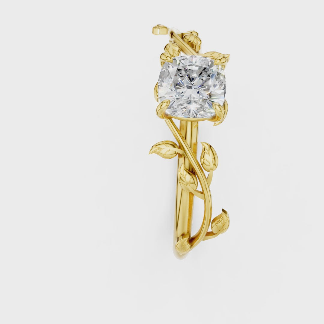 Nature Inspired Moissanite Engagement Ring - Cushion Cut Solitaire with Vine & Leaf Sterling Silver Band