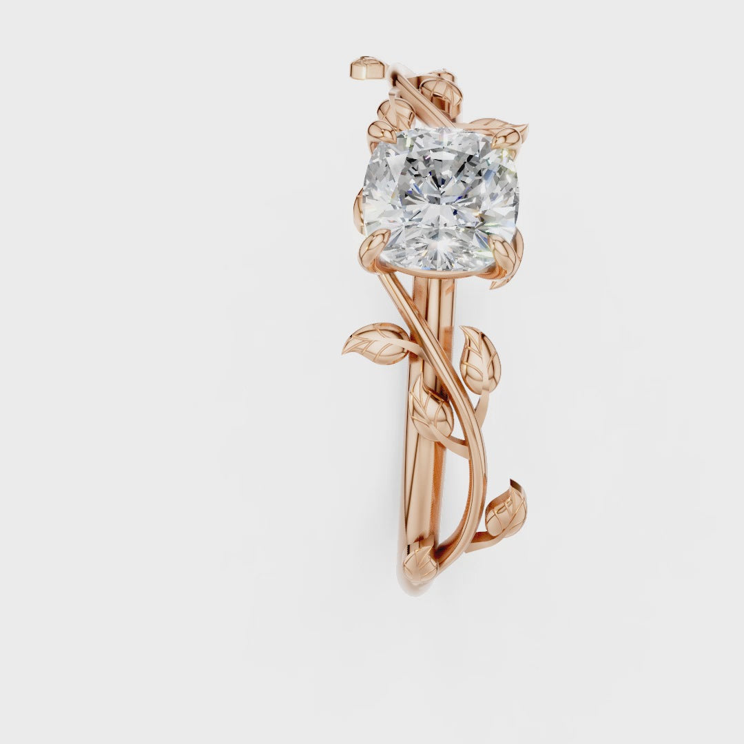 Nature Inspired Moissanite Engagement Ring - Cushion Cut Solitaire with Vine & Leaf Sterling Silver Band