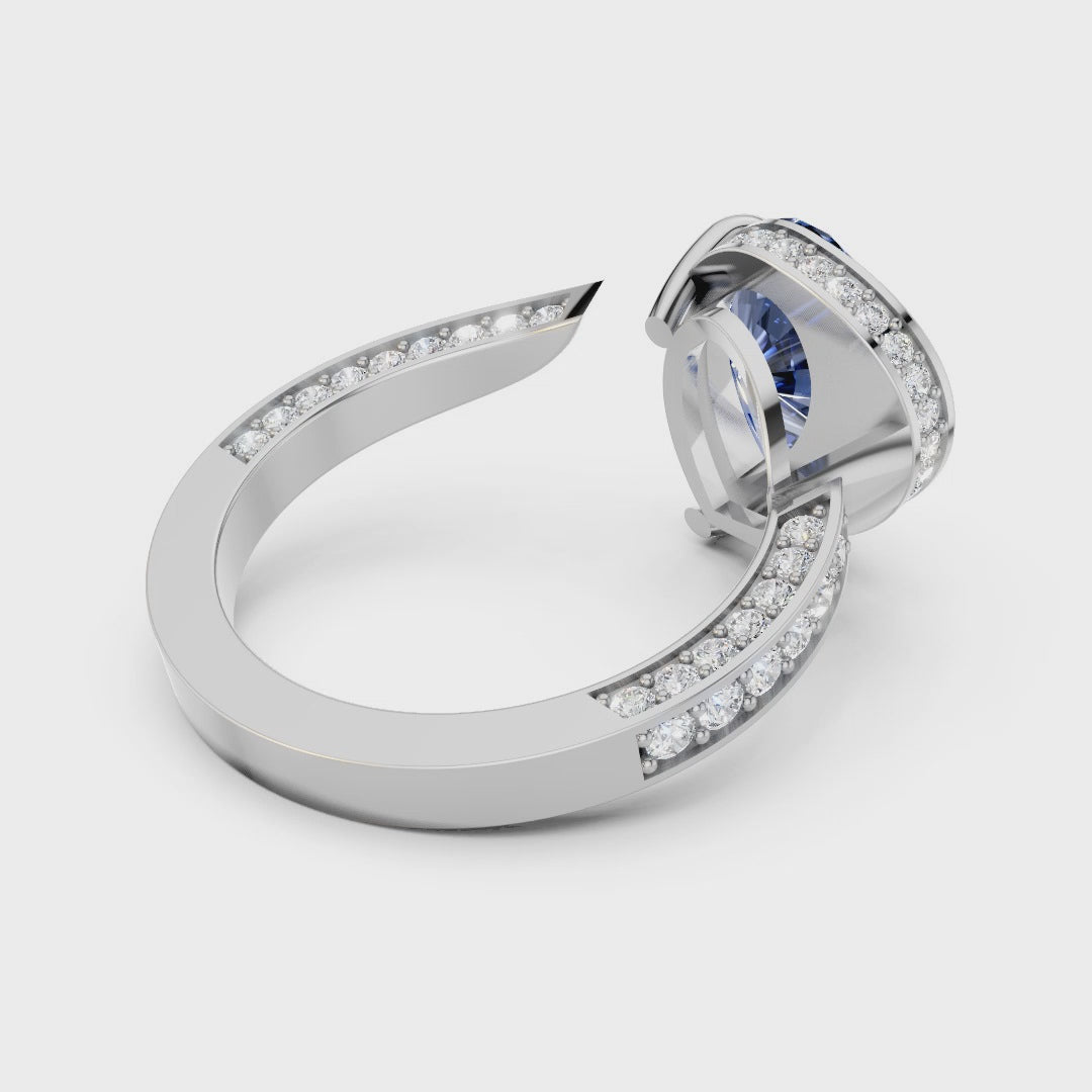 Blue Pear-Cut Moissanite Open Cuff Ring | Modern Bypass Sapphire Cocktail Ring