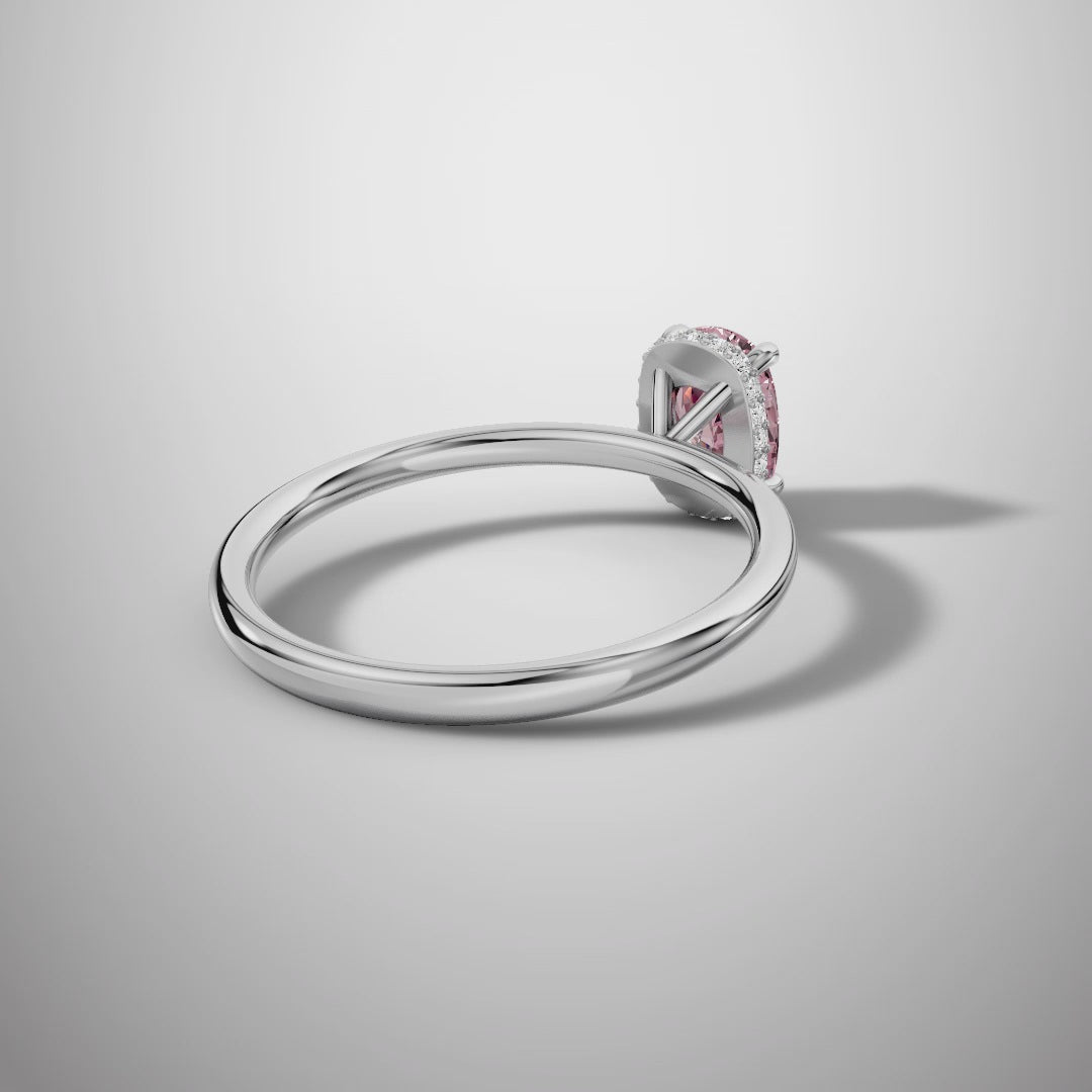 925 Silver Pink Oval Moissanite Halo Ring | 1 Ct Diamond Look Engagement Ring