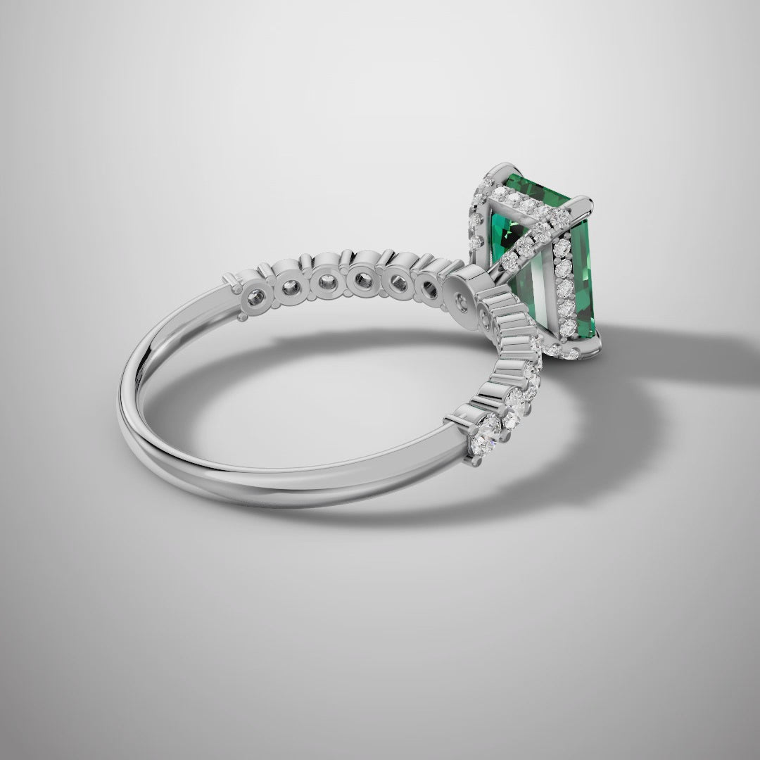 925 Silver Green Emerald Cut Moissanite Engagement Ring – Pavé Diamond Style Band | Pavia Jewels
