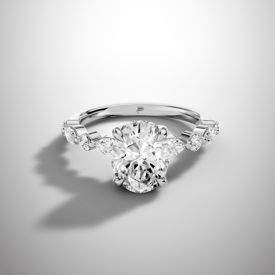Round moissanite solitaire ring with hidden halo and side stones in 925 sterling silver front view