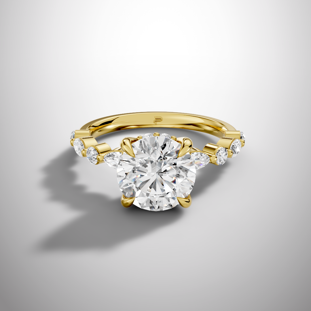 Round moissanite solitaire ring with hidden halo and side stones in yellow gold finish front view