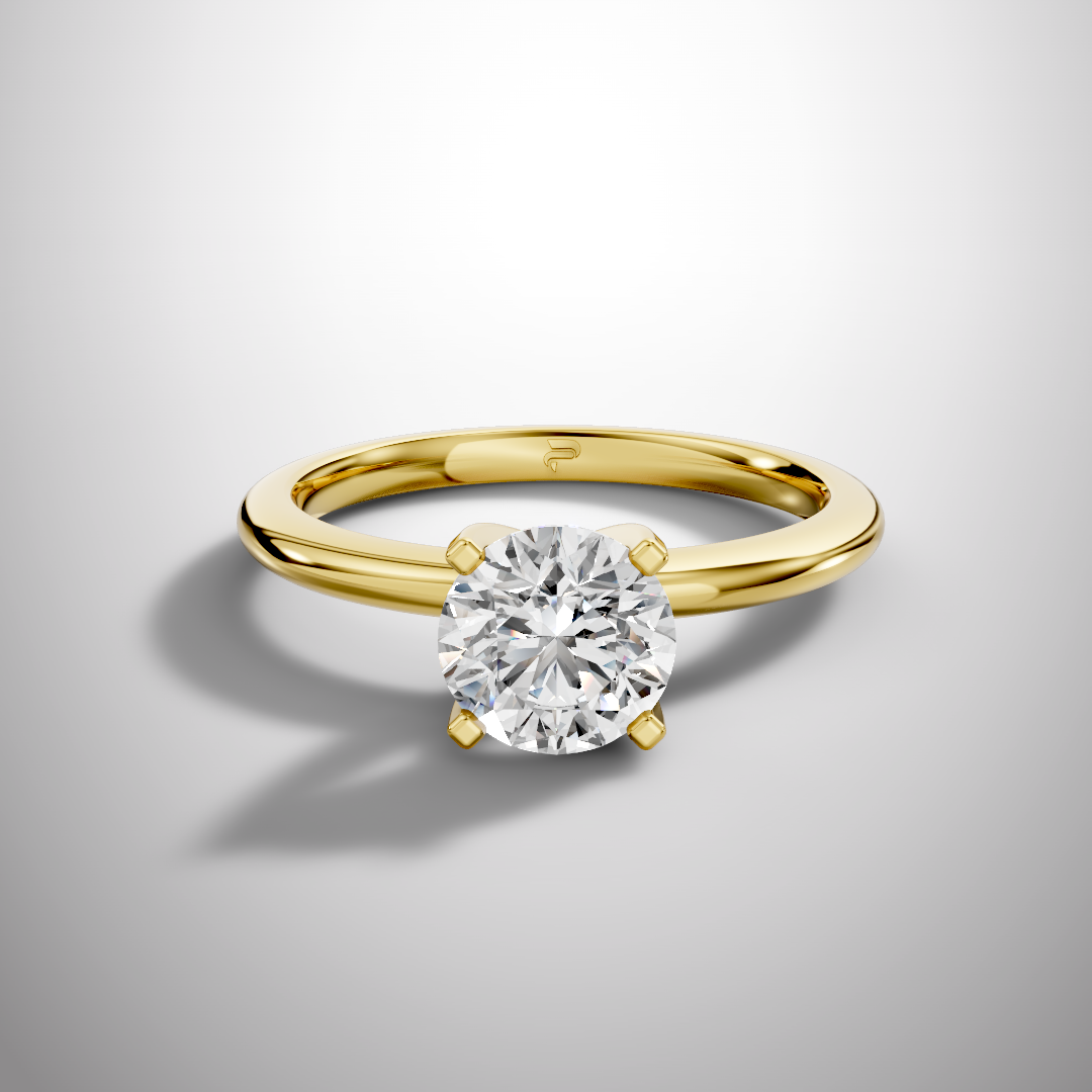 Round Moissanite Solitaire Ring in Yellow Gold 4 Prong Setting Front View Luxury Engagement Ring