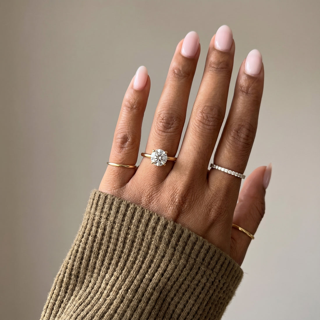 Round Moissanite Solitaire Ring in Yellow Gold 4 Prong Setting Front View Luxury Engagement Ring