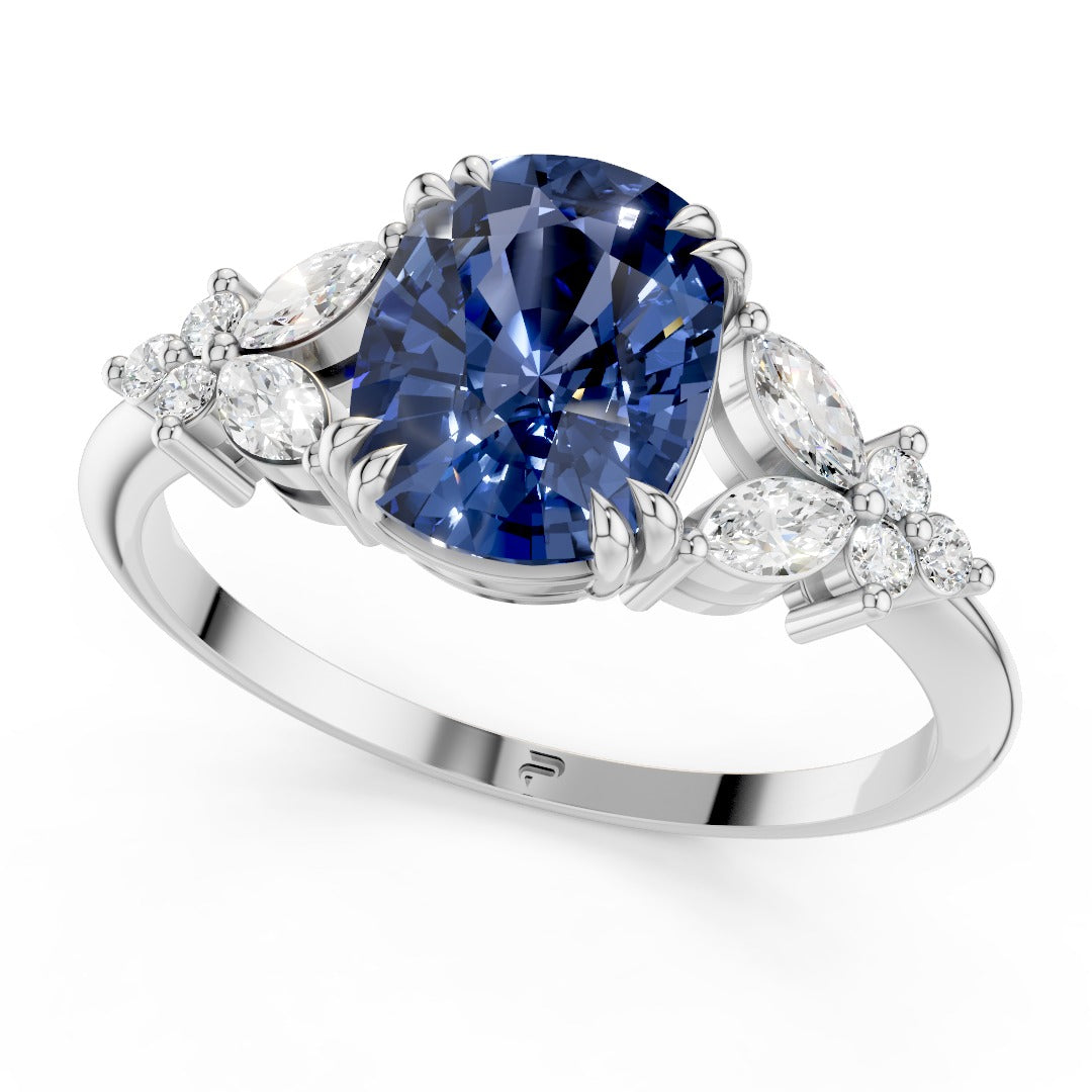 Vintage Blue Sapphire Cushion Cut Cluster Ring - Floral Moissanite Accent Rose Gold 925 Silver