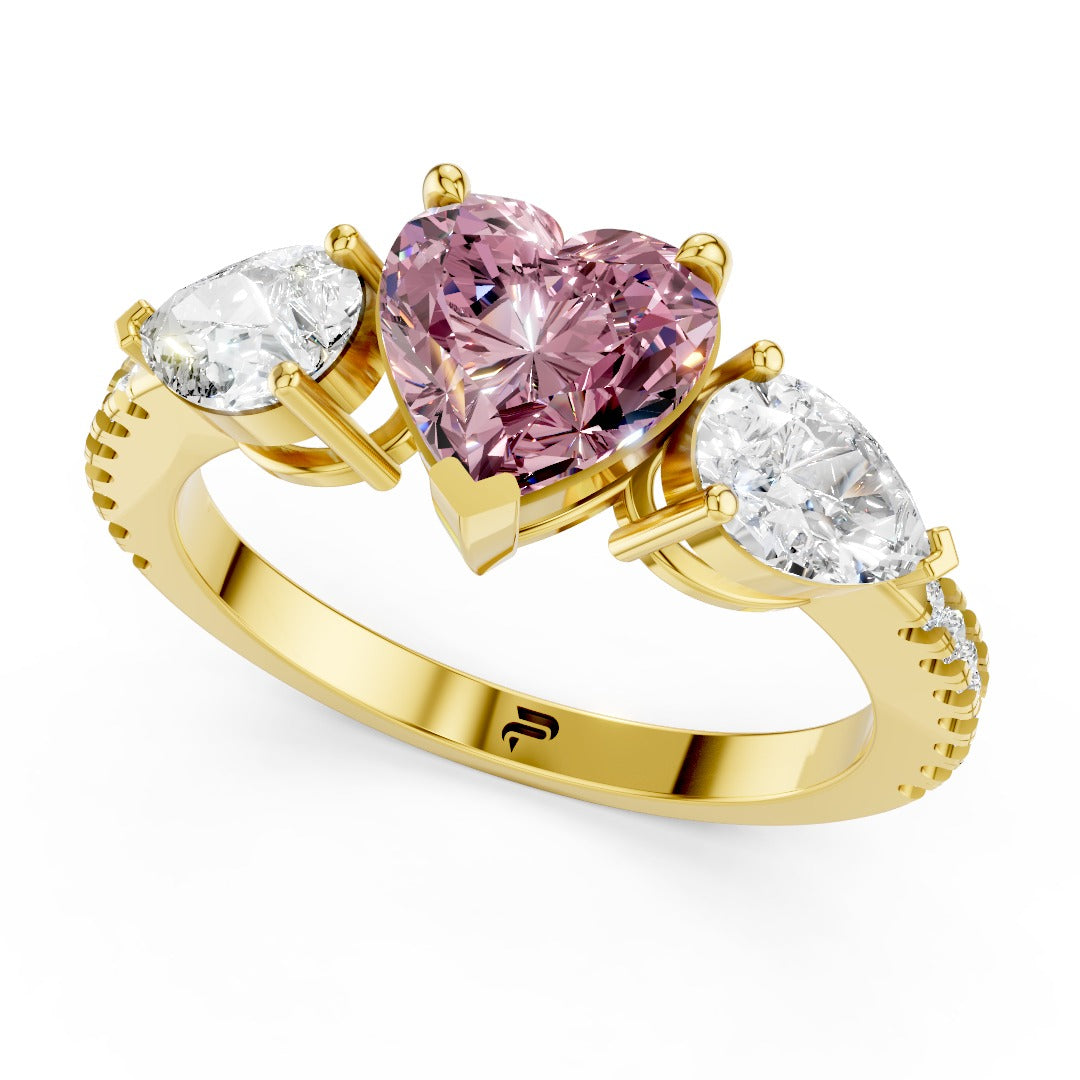 Pink Heart Moissanite Three-Stone Ring - Pear Cut Accents in Sterling Silver