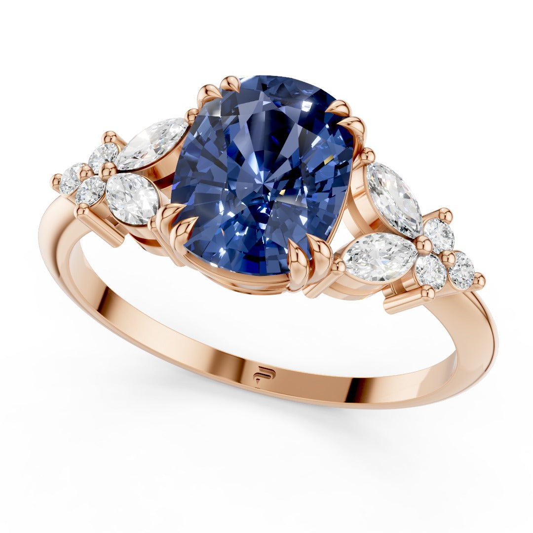 Vintage Blue Sapphire Cushion Cut Cluster Ring - Floral Moissanite Accent Rose Gold 925 Silver