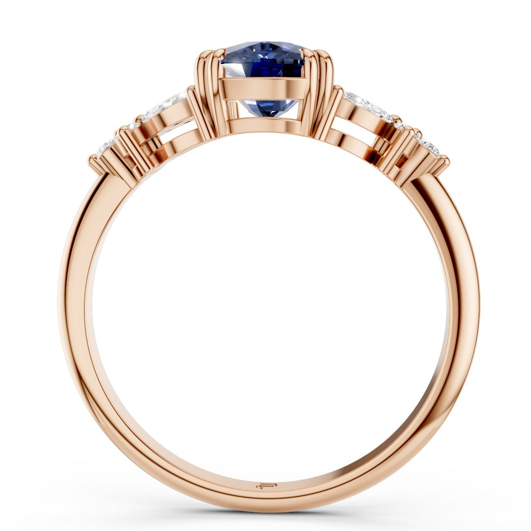 Vintage Blue Sapphire Cushion Cut Cluster Ring - Floral Moissanite Accent Rose Gold 925 Silver