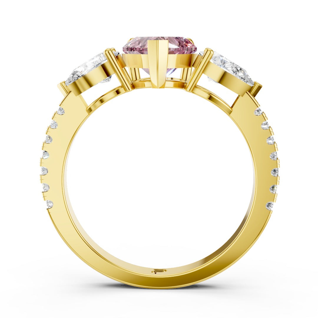 Pink Heart Moissanite Three-Stone Ring - Pear Cut Accents in Sterling Silver