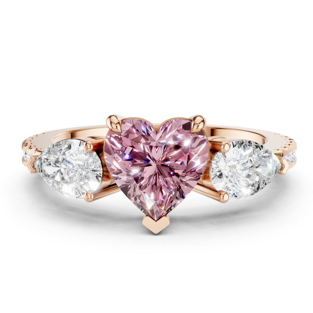 Pink Heart Moissanite Three-Stone Ring - Pear Cut Accents in Sterling Silver