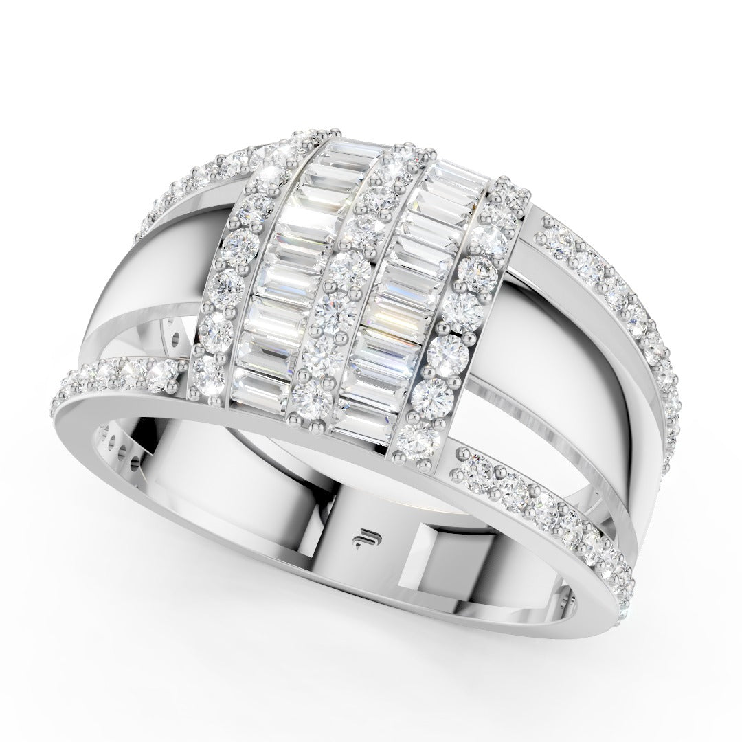 Wide Art Deco Moissanite Statement Ring - Baguette & Round Pave Band in Sterling Silver