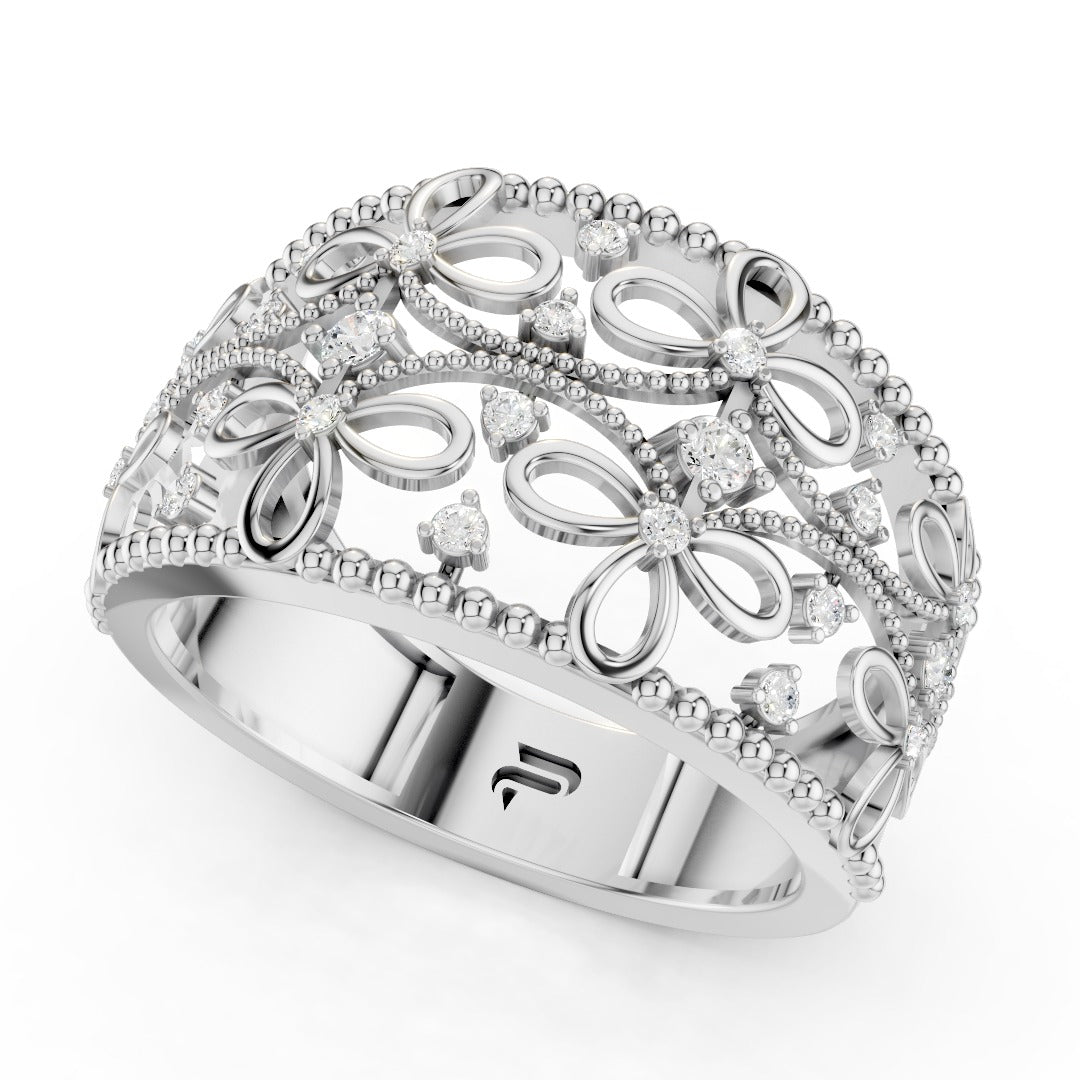 925 Sterling Silver Moissanite Floral Filigree Ring – Elegant Wide Band for Women